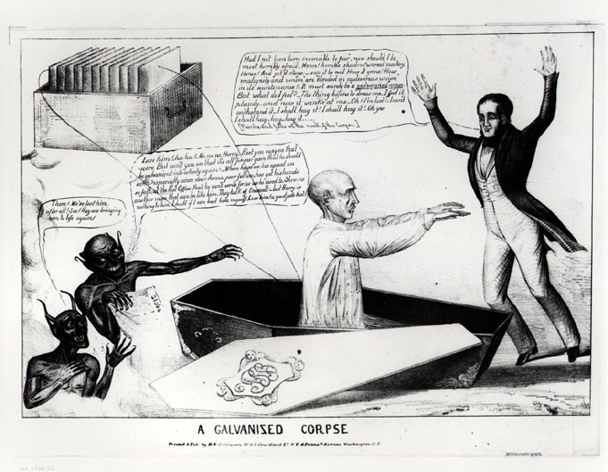 Entstehung der „Lebenskraft“ durch Galvanismus. Cartoon um 1836 (Bild: Wikimedia)